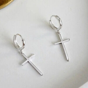 925 Sterling Silver Dangle Hoop Cross Earrings
